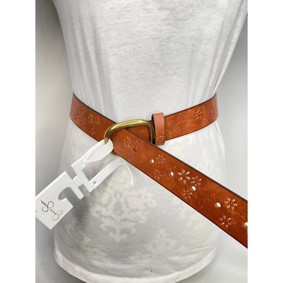 Jessica Simpson Belts Faux Leather Perforated Floral Black & Tan Size Small - Picture 4 of 8
